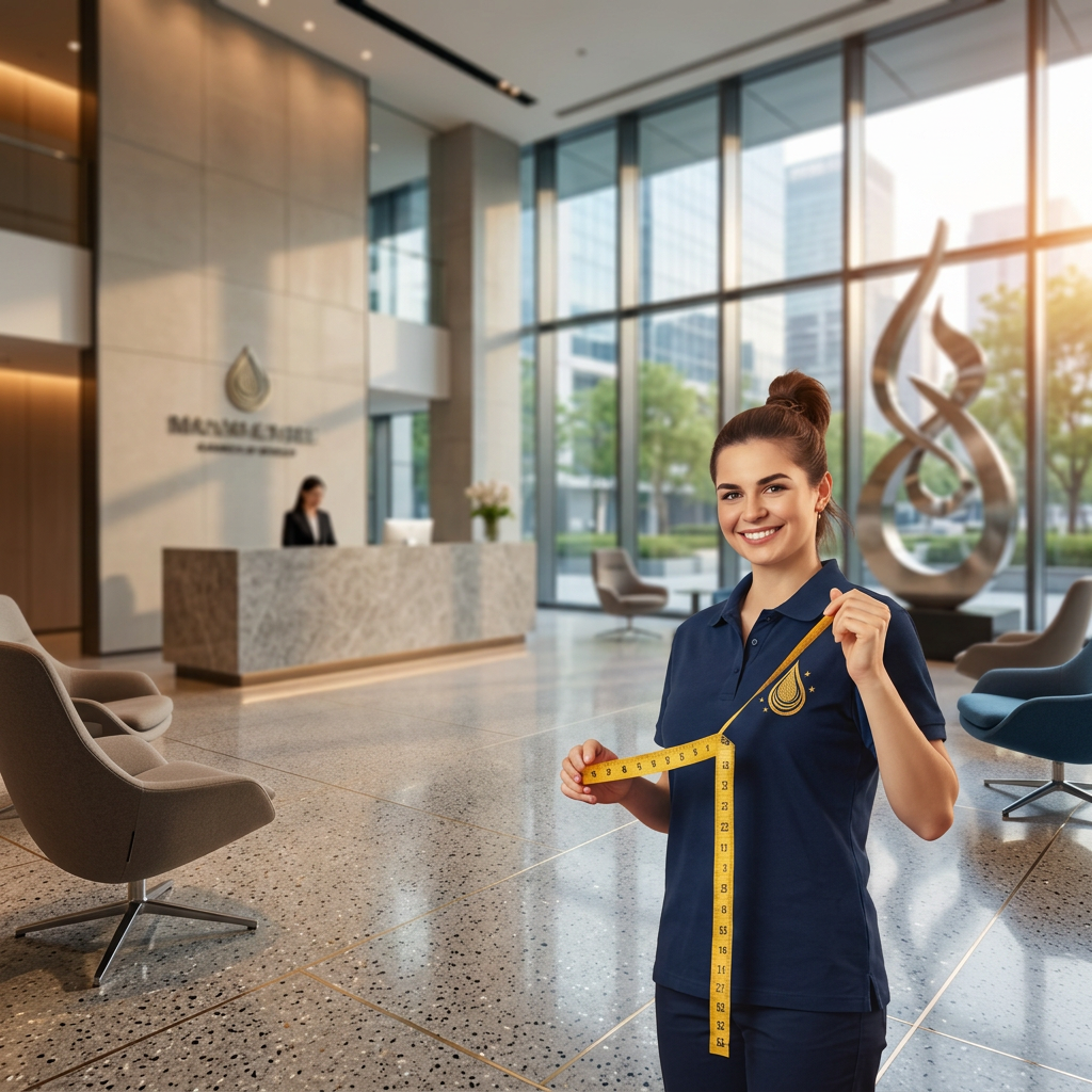 Profissional feminina com blusa azul-marinho e logotipo da Brilho Total medindo a metragem de um hall comercial com recepção moderna